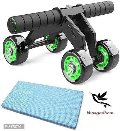 Premium upgraded 4-Wheel AB Roller with Knee Mat And Floor Wedge - Abdominal Workout Fitness Exercise Equipment (Black  Green)