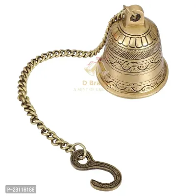 D Brasso Brass Ethnic Indian Handcrafted Brass Temple Hanging Bell with Chain Home Decor, Wall Decor, Ghanti for Pooja (Standard, Antique Golden, 820 Grams, Pack of 1).