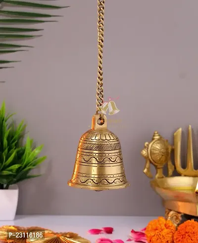 D Brasso Brass Ethnic Indian Handcrafted Brass Temple Hanging Bell with Chain Home Decor, Wall Decor, Ghanti for Pooja (Standard, Antique Golden, 820 Grams, Pack of 1).-thumb4