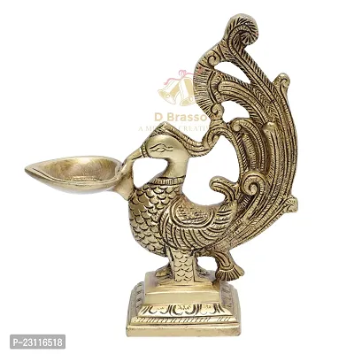 D Brasso Brass Peacock Diya Ethnic Design Handmade Curved Oil Wick Antique Deepak Lamp (Standard, Antique Golden).-thumb0