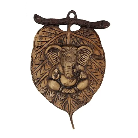 D Brasso Brass Ganesha Wall Hanging Statue Lord Ganesha Brass Sculpture Idol On Leaf Gifts Item (Standard, Brown, 850 Grams).