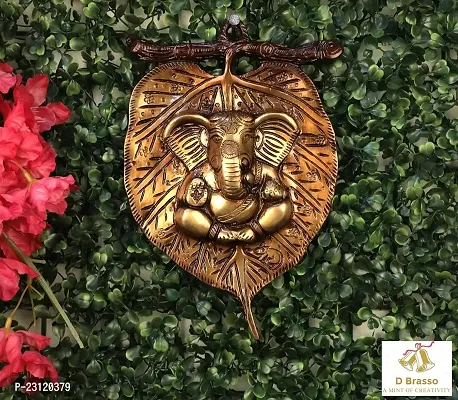 D Brasso Brass Ganesha Wall Hanging Statue Lord Ganesha Brass Sculpture Idol On Leaf Gifts Item (Standard, Brown, 850 Grams).-thumb2