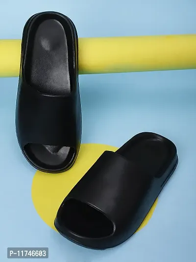 Stylish Zig Zag Plain Black Sliders For Men-thumb0