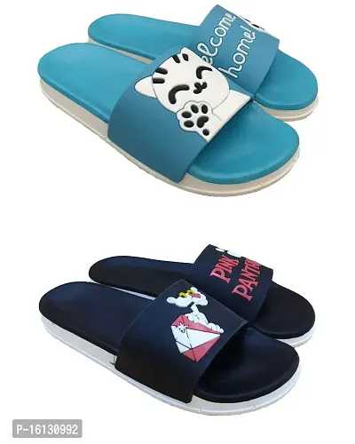 Pampy Angel Welcome  Flat Panther Combo Pack of 2 Slipper/Slides/Flip Flops for Women's/Girls-thumb0