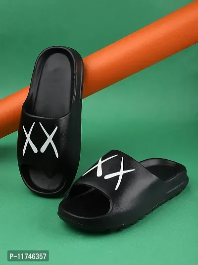 Stylish Zig Zag Double X Black Sliders For Men-thumb0