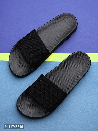 Stylish Fly Knit Plain Black Sliders For Men