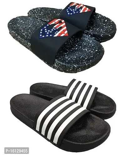 Pampy Angel Men's 4 Line and Superman Dotted Black Slipper/Slides/Flip Flops (7 UK) -Combo Pack of 2