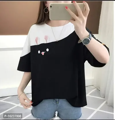 Women  Stylish and Elegant Meow  Printed  Black Half  Sleeves  T-shirt-thumb0