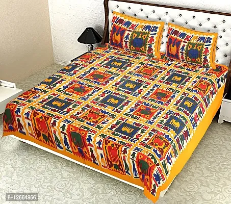 STAGLINE Traditional Designs Printed Pure Cotton Double Super Soft Bedsheet with Two Pillow Covers for Bedroom(Thread Count: 144, Queen, 90 x 100, Yellow-Rajasthan)-thumb0