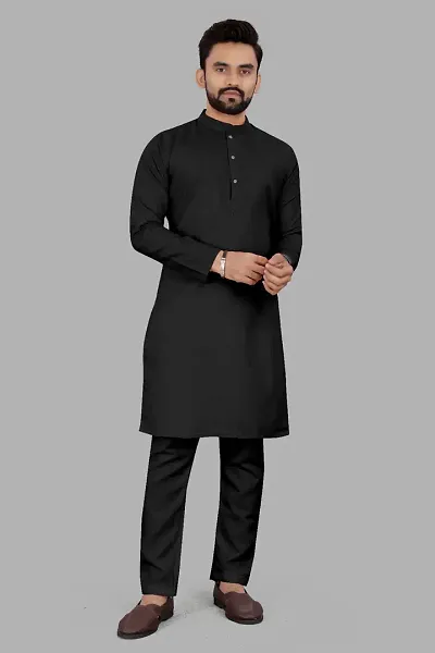 Aristada Men's Blend Full Sleeve Henley Neck Knee Length Solid Kurta with Pajama Set-Comfortable and Versatile (Kurta Set)