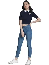 Women's Collared Crop Tshirt with Patch_Navy Blue_M-thumb2