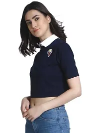 Women's Collared Crop Tshirt with Patch_Navy Blue_M-thumb1