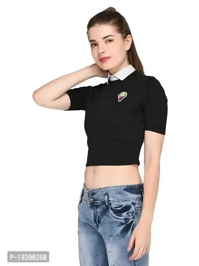 Women's Collared Crop Tshirt with Patch_Black_L