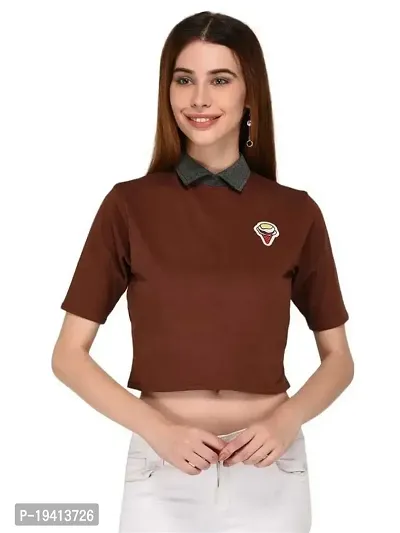 Women's Collared Crop Tshirt with Patch_Brown_S