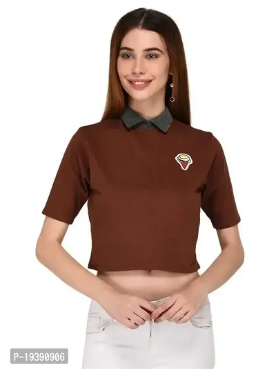 Women's Collared Crop Tshirt with Patch_Brown_XS
