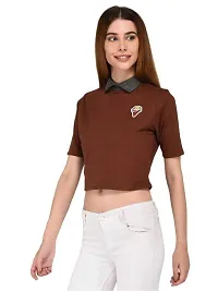 Women's Collared Crop Tshirt with Patch_Brown_M-thumb1