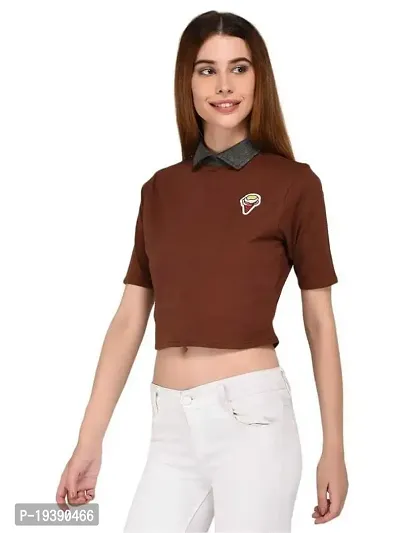 Women's Collared Crop Tshirt with Patch_Brown_M-thumb2