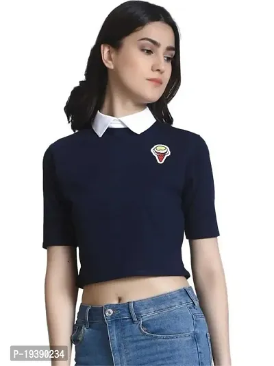 Women's Collared Crop Tshirt with Patch_Navy Blue_XS