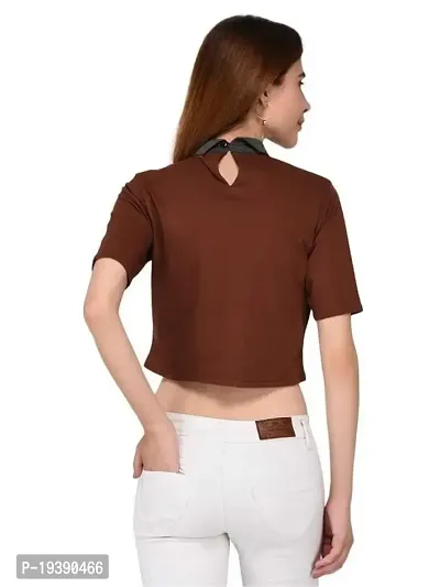 Women's Collared Crop Tshirt with Patch_Brown_M-thumb4