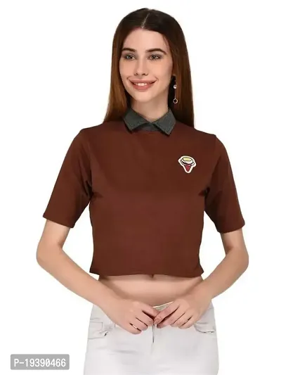 Women's Collared Crop Tshirt with Patch_Brown_M