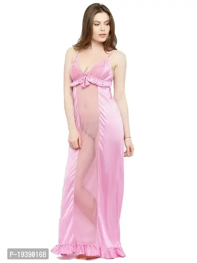 Deep Neck Pink Satin Maxi Night Dress-thumb3