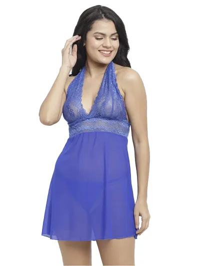 Women's Polyester Spandex Halter Neck Soft Lace Babydoll Dress Nightwear with G-String-thumb0