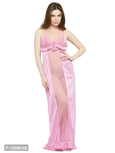 Deep Neck Pink Satin Maxi Night Dress-thumb0