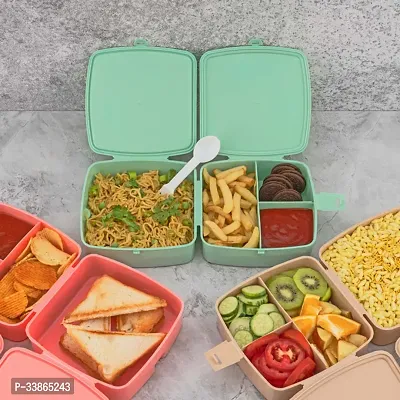 Double-Layer Square Lunch Box with Spoon , 4 Compartment Tiffin Push Lock-thumb0