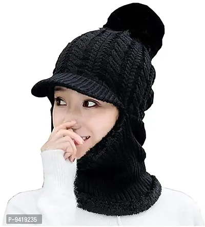 Girls Full Face Cover Winter Fur Neck Cover and Beanie Visor Cap Monkey Cap for Girls Ladies-thumb0