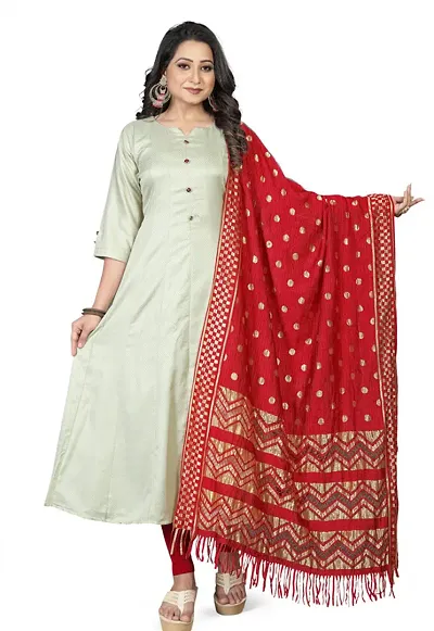 Alluring Beige Self Design Cotton Blend Kurta with Dupatta For Women