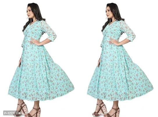 Alluring Turquoise Printed Cotton Blend Flared Kurta For Women- 2 Pieces-thumb0