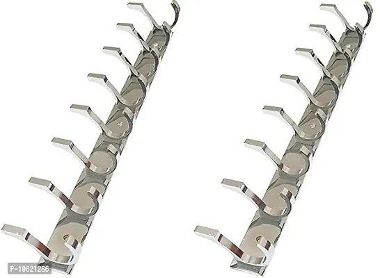 Stainless Steel Dual Edge 8 Pin Cloth Hanger Bathroom Wall Door Hooks- Pack Of 2