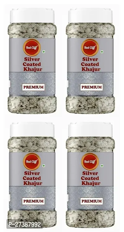 RED CLIFF Premium Silver Coated Khajoor (Dates) | Combo Pack Of 4 | Mouth Freshener | (Silver Coated Dates | 100gx4 |)-thumb0