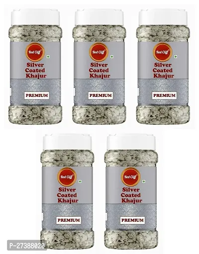 RED CLIFF Premium Silver Coated Khajoor (Dates) | Combo Pack Of 5 | Mouth Freshener | (Silver Coated Dates | 100gx5 |)-thumb0