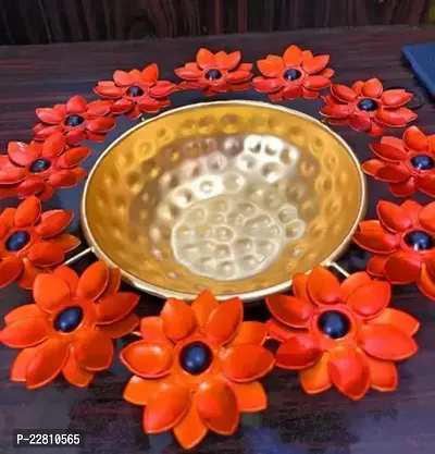 Lotus Style Decorative Metal Urli Bowl/Dazzle Pot For Floating Flower Decorative Showpiece - 30 Cm (Metal, Red)