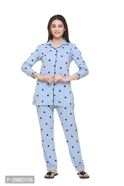 Stylish Navy Blue Cotton Blend Printed Night Suit Set For Women