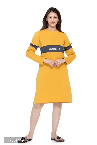 PLUSH Women's Cotton T-Shirt Knee Length Dress/Girls Bodycon Striped Midi Dress (XXL-MST) Mustard