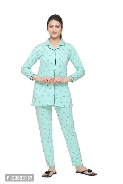 Stylish Green Cotton Blend Printed Night Suit Set For Women