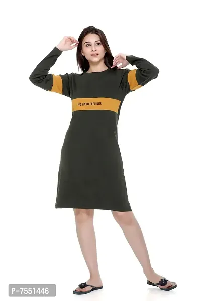 PLUSH Women's Cotton T-Shirt Knee Length Dress/Girls Bodycon Striped Midi Dress (XXL-OL) Olive