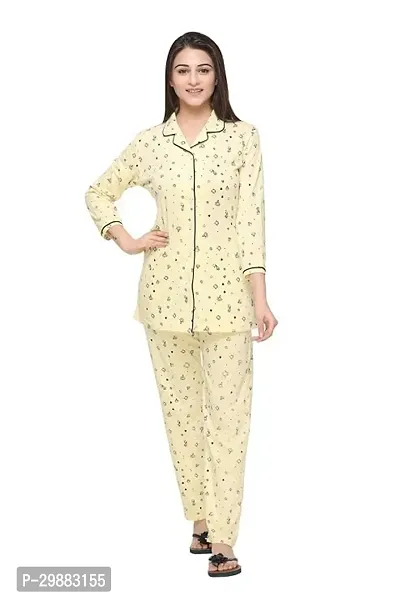 Stylish Yellow Cotton Blend Printed Night Suit Set For Women-thumb0