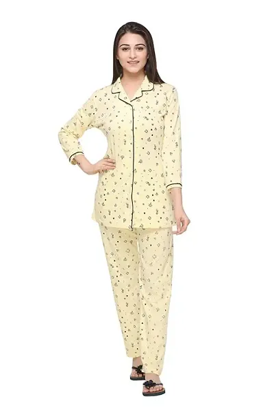 Stylish Yellow Cotton Blend Printed Night Suit Set For Women