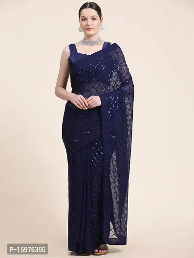 Stylish Pure Georgette Royal Blue Sequinned Saree with Blouse piece-thumb0