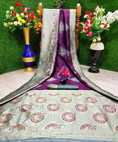 & Color Meenakar Weaving Banarasi Silk Blend Saree with Blouse