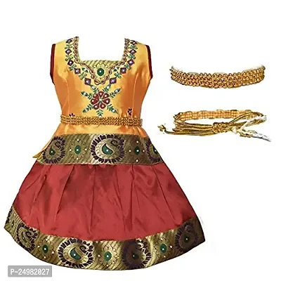 NILAMALAR CREATIONS Girls' Cotton Silk Readymade Pattu Pavadai Lehenga Choli Set with Waist Belt?(Gold  Maroon)-thumb0