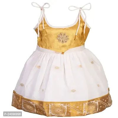 Nilamalar Creations Girls Kerala Mullai Child Frock Ethnic Wear Dress (Cream White and Gold) (6-12 Months)