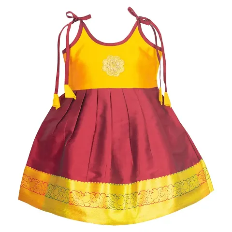 AMIRTHA FASHION Baby Girl's Silk Readymade Lehenga Choli Pattu Pavadai (Gold, 0-6 Months)