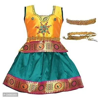 NILAMALAR CREATIONS Girls' Cotton Silk Readymade Pattu Pavadai Lehenga Choli Set with Waist Belt?(Gold  Green)