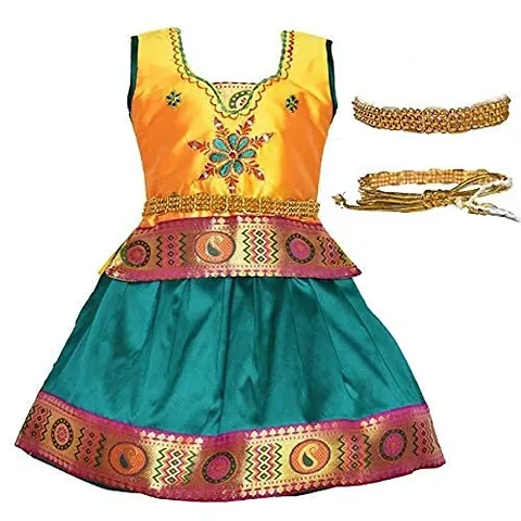 NILAMALAR CREATIONS Girls' Silk Readymade Pattu Pavadai Lehenga Choli Set with Waist Belt?(Gold Green)