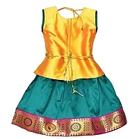 NILAMALAR CREATIONS Girls' Cotton Silk Readymade Pattu Pavadai Lehenga Choli Set with Waist Belt?(Gold  Green)-thumb1