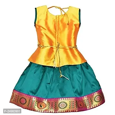 NILAMALAR CREATIONS Girls' Cotton Silk Readymade Pattu Pavadai Lehenga Choli Set with Waist Belt?(Gold  Green)-thumb2